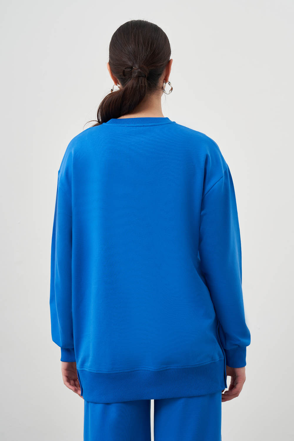 Mizalle Yanları Çıtçıtlı Yuvarlak Yaka Mavi Sweatshirt