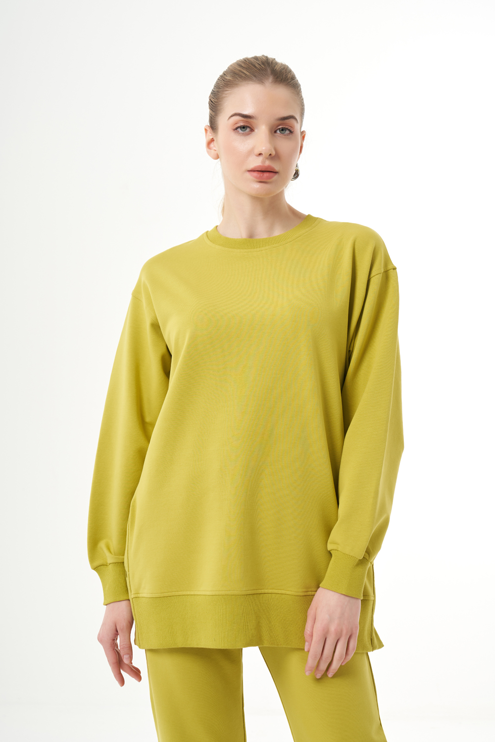 Mizalle Yanları Çıtçıtlı Yuvarlak Yaka Yeşil Sweatshirt